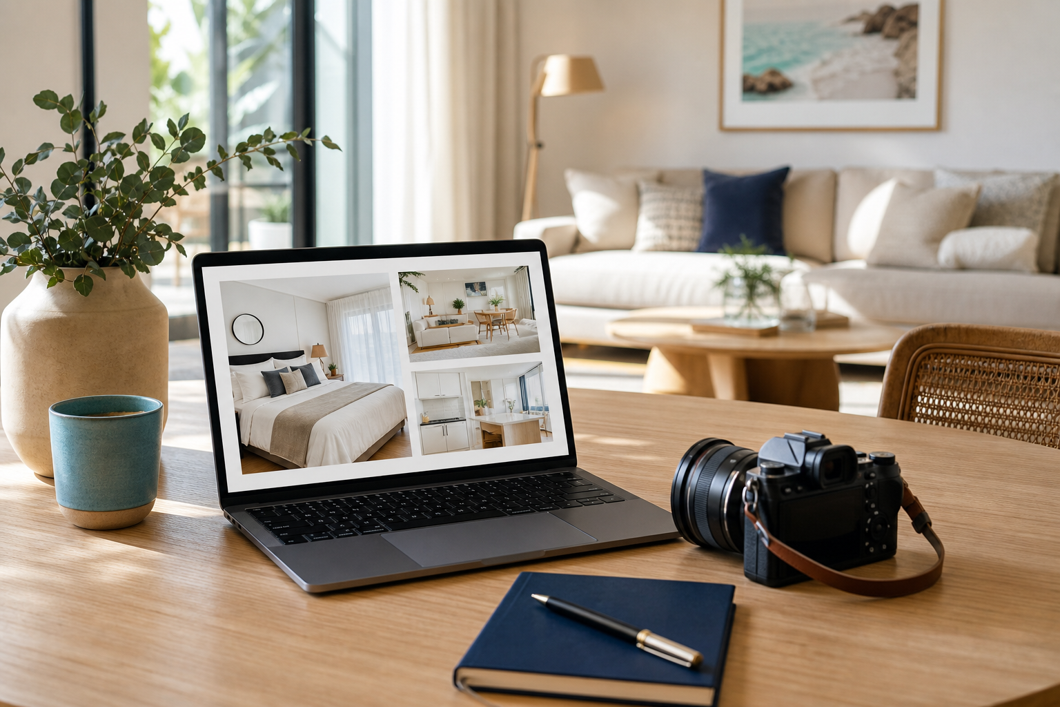 A laptop and camera being used to prepare an Airbnb property listing